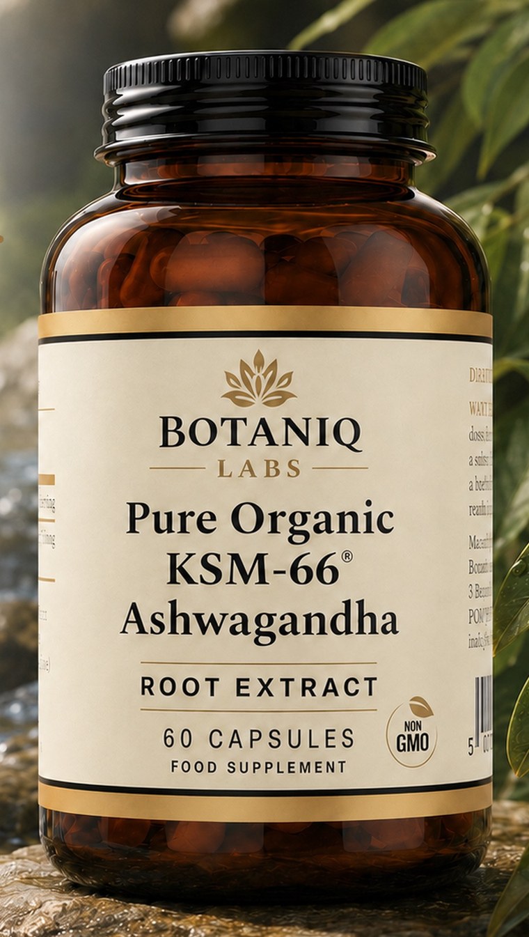 BOTANIQ LABS ashwagandha bottle resting on stones beside a stream, surrounded by leaves